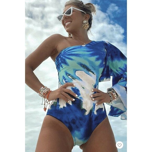 One Shoulder Tie Dye Floral Swimsuit . Size Large. NWOT. - Picture 3 of 11